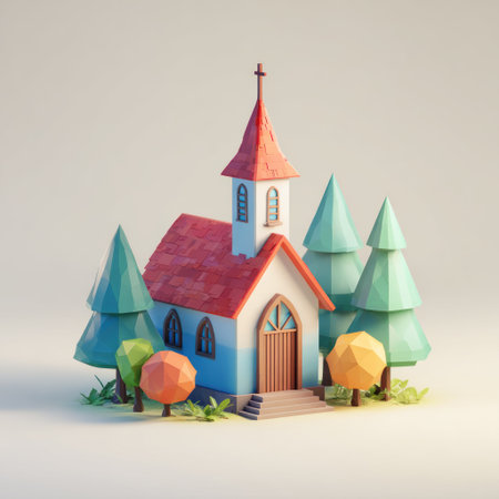 A low-poly style illustration presents a cartoon church nestled among stylized evergreen trees. The artwork features a warm color palette with a focus on geometric shapes. This image is rendered with soft lighting, suggesting a bright day, and may be suitable for various commercial or editorial applications.の素材
