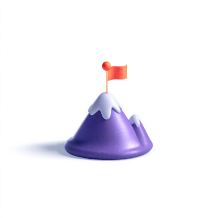 A cartoon illustration depicts a purple mountain peak adorned with a small orange flag. The image showcases a minimalist style with smooth gradients and soft lighting. The composition is isolated on a white background, suggesting a theme of accomplishment, goal setting, or reaching a target, suitable for various visual communication needs.の素材