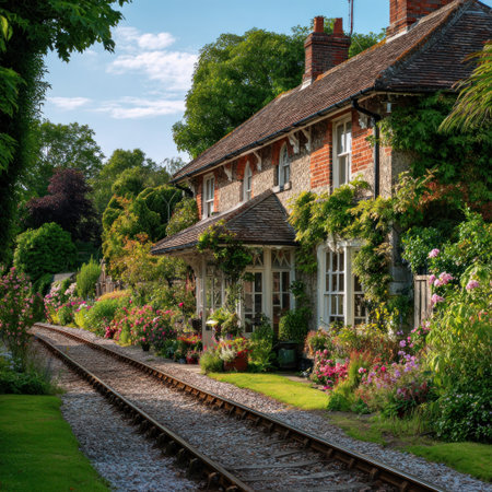 A picturesque cottage with a red-brick exterior and a tiled roof is surrounded by vibrant green foliage and blossoming flowers. The scene is illuminated by natural sunlight, highlighting the textures of the building and the surrounding environment. The image evokes a sense of tranquility and could be used for various commercial or editorial purposes.の素材