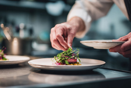 A chef is meticulously arranging a plated dish in a restaurant setting. The composition features close-up details of the food, highlighting fresh ingredients. The lighting accentuates the textures and colors of the gourmet meal. This image is suitable for culinary, food, and hospitality-related content.の素材