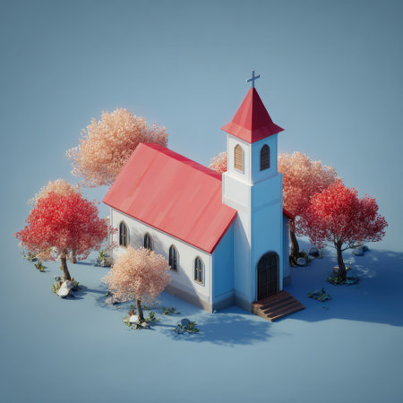 This image presents a cartoon-style church with a red roof, a white tower, and a cross. The church is situated among vibrant trees with red and orange foliage. The illustration features a clean, low-poly design set against a solid blue background, suggesting a daytime scene. Suitable for various design projects and commercial applications.の素材