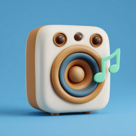 A cartoon-style image presents a speaker with a prominent speaker cone and a musical note graphic. The speaker features a light brown and white design with dark brown accents. The image is rendered with a soft, clean style, set against a solid blue background. Suitable for various applications related to music and audio.の素材