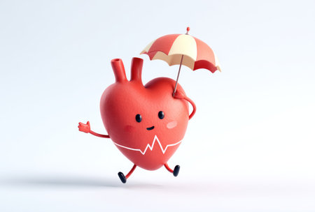 A vibrant cartoon depiction showcases a red heart character joyfully walking while holding a striped umbrella. The image features a clean white background, creating an isolated aesthetic. This illustration likely relates to health concepts, wellness, or insurance themes, suitable for various editorial and commercial applications.の素材