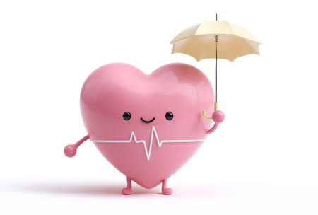 A cheerful cartoon heart figure stands with an umbrella, featuring a heartbeat line. The image displays a stylized pink heart with a smiling face on a plain white background. The composition suggests protection and well-being. This illustration could be used for health-related content or design projects.の素材