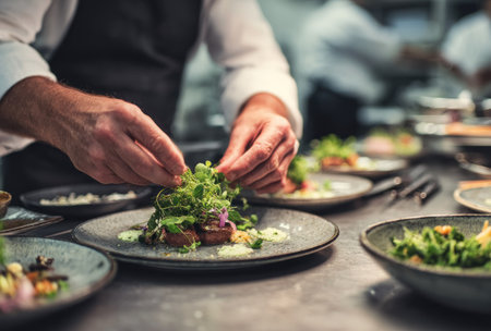 A chef is meticulously plating a gourmet meal, adding fresh herbs to the dish. The image showcases a close-up of hands working with food in a professional kitchen environment. The composition features soft lighting and shallow depth of field, highlighting the details. This image is suitable for culinary, food, and restaurant-related content.の素材