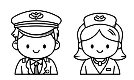 This black and white illustration showcases cartoon figures of a pilot and a nurse. The image presents a clean, minimalist style with defined outlines and simple shapes. Suitable for various applications, it can be used for educational materials or design projects. The composition allows for versatility in commercial and editorial contexts.の素材