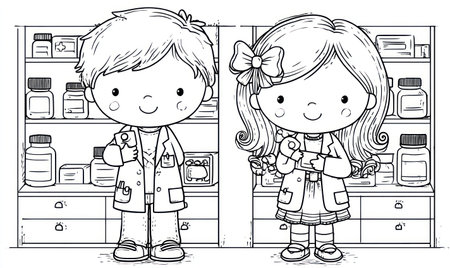This illustration depicts two cartoon children, dressed as pharmacists, standing in front of shelves stocked with bottles and medications. The image is rendered in black and white with a simple line art style. The setting is likely indoors, suggesting a pharmacy environment, suitable for medical, educational, or illustrative purposes.の素材