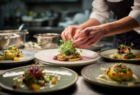 A chef delicately arranges microgreens atop a gourmet dish, showcasing a culinary skill. The composition emphasizes fresh ingredients and artistic plating. The image features a shallow depth of field, highlighting the food against a backdrop of stainless steel and kitchen equipment. Suitable for restaurant promotions or editorial content.の素材