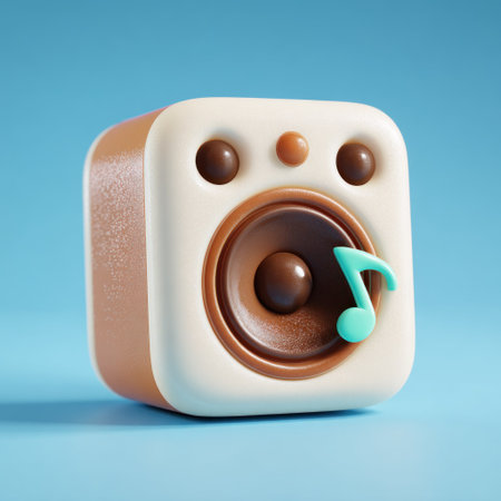 A cartoon-style speaker is depicted on a vibrant blue backdrop. The speaker features a tan and white color scheme with a central sound element. A turquoise music note floats nearby. The image uses a soft lighting and a simple composition, suitable for various design projects and commercial applications.の素材