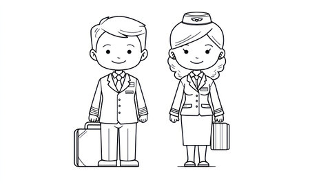 Two cartoon figures, a pilot and a stewardess, are depicted standing side by side. They are wearing uniforms and holding luggage. The image uses a clean line art style with no color. It suggests a professional or travel-related setting, suitable for various commercial or editorial applications.の素材