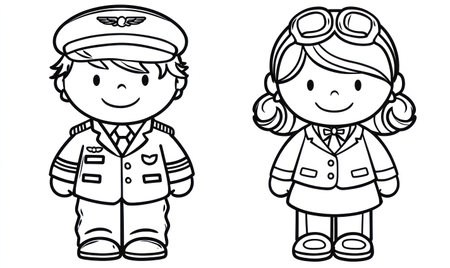 Black and white cartoon illustrations depict a pilot and a stewardess. The figures are stylized with simple lines, wearing pilot and stewardess uniforms. The composition features a front view, suitable for various design applications. These images may be used for educational, advertising, and creative projects.の素材
