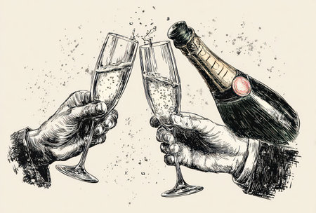 An illustration depicts two hands toasting champagne glasses alongside a bottle. The image features a sketch style, with fine lines and textures, rendered in neutral tones. It suggests a celebratory occasion with champagne. The image could be suitable for various commercial or editorial applications.の素材
