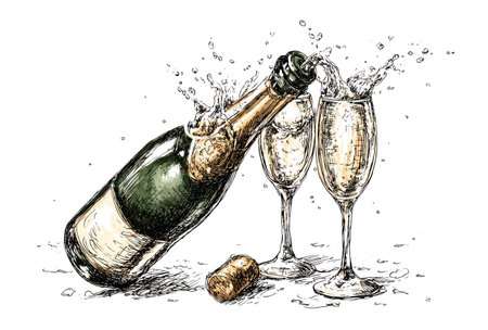 An illustration depicts a champagne bottle pouring into two filled glasses. The image features a splash effect, with detailed shading and textures. The composition appears on a plain white backdrop. Suitable for celebratory themes and visual content, the illustration could be used for various commercial projects.の素材