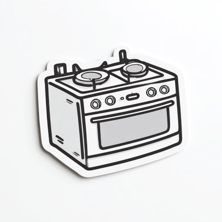 This isolated illustration presents a stylized depiction of a kitchen stove. The image features a grayscale palette with black outlines, emphasizing the appliance's form. The composition suggests a clean, modern style, suitable for various applications. It can be used for culinary, design, or educational purposes.の素材