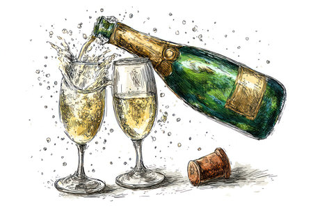 An illustration depicts a champagne bottle pouring sparkling liquid into two glasses. The artwork uses a watercolor style with splashes, highlighting the movement and effervescence of the beverage. The composition includes a cork, suggesting a festive occasion. This image could be used for celebratory events or beverage-related promotions.の素材