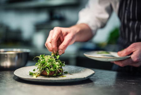 A chef delicately places microgreens on a plated dish in a restaurant kitchen. The image showcases the preparation process with a focus on fresh ingredients. The composition utilizes shallow depth of field, with soft focus on the chef's hands and the plate. This image is suitable for culinary websites or editorial use.の素材