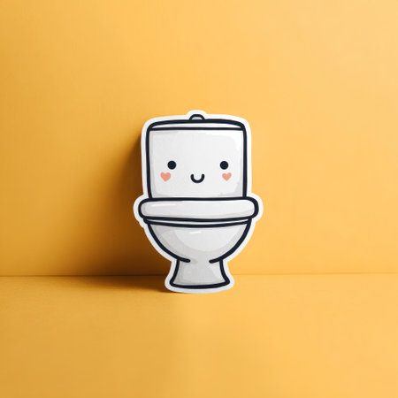 This cartoon illustration presents a smiling toilet against a solid yellow backdrop. The artwork features clean lines and a simple style, with white and blue colors. The composition is straightforward and can be suitable for various design applications, potentially for educational content or decorative purposes. The image is devoid of specific locations or personal identifiers.の素材
