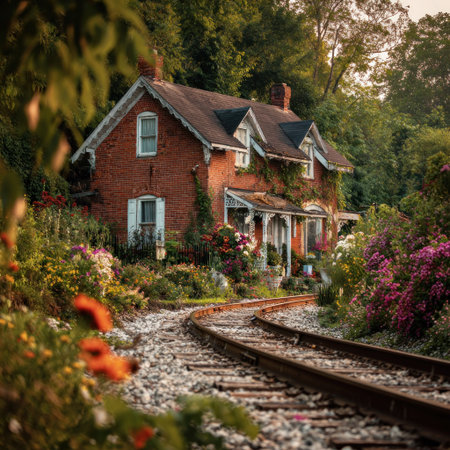 A picturesque brick house, accented by blooming flowers, is set beside railway tracks. The composition features rich colors, inviting textures, and dappled sunlight filtering through the foliage. Suitable for various editorial and commercial applications, the image evokes a sense of tranquility and a connection with nature.の素材
