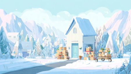 An animated scene depicts a house surrounded by snow, with boxes stacked near the entrance. The illustration uses cool tones with white and blue hues, suggesting a winter environment. It could be used for storytelling, advertising related to moving, real estate, or seasonal themes.の素材