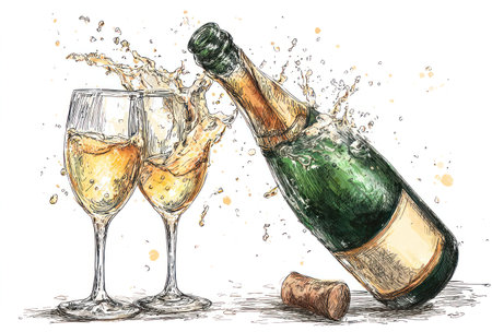 An illustration depicts a champagne bottle and two glasses with liquid splashing. The image presents a celebratory theme. The illustration has a watercolor style. The lighting appears to be bright with a neutral background. This illustration could be suitable for various commercial or editorial applications.の素材