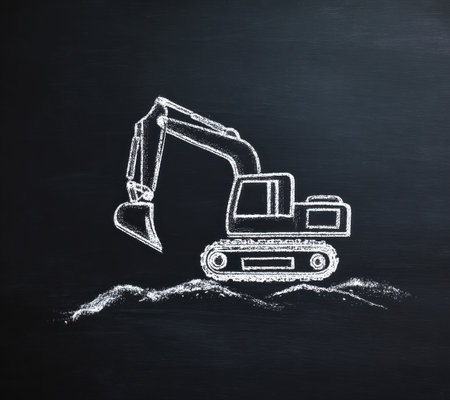 An excavator is depicted in chalk on a dark surface, possibly a chalkboard or a similar material. The drawing features clean white lines, and suggests a simple yet bold style. The composition, suggesting an active construction environment, could be used for illustrations, or in media for themes like industry.の素材