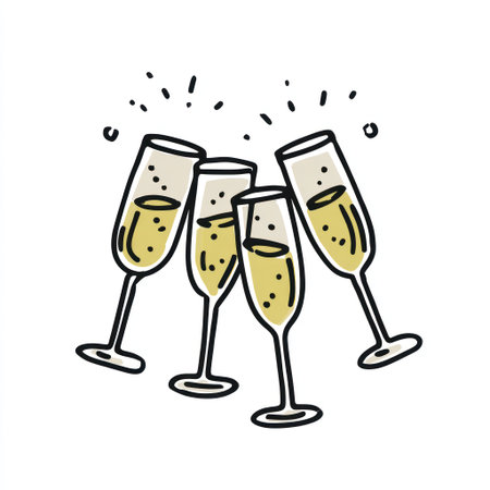 This graphic depicts four champagne glasses in a toasting gesture, filled with a golden liquid. The simple line art style features black outlines and minimal detailing. The composition suggests a celebratory event or moment, suitable for use in various design projects. This imagery could be used for festive themes.の素材
