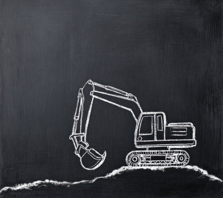 A chalk-style illustration presents an excavator on a dark backdrop. The monochromatic image showcases the construction machine's details. The artistic style offers a textural contrast against the solid background. It may be suitable for presentations, educational materials, or design projects, offering visual interest.の素材