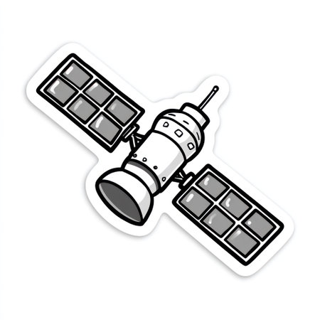 This cartoon illustration depicts a satellite with solar panels. The design features a grayscale color scheme with black outlines. The composition is simple, showcasing the satellite against a plain white background. It's suitable for various applications, including educational materials and design projects.の素材