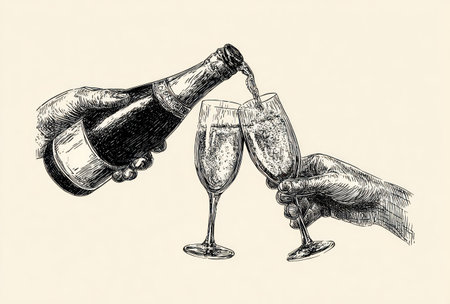 An illustration depicts champagne being poured into two glasses, with hands holding the bottle and flutes. The style is detailed and hand drawn in black and white, featuring shading. The composition suggests celebration and enjoyment, suitable for commercial or editorial applications.の素材