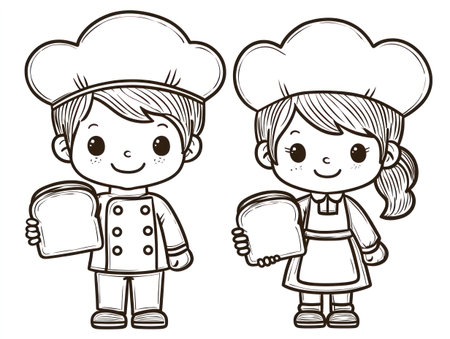 An illustration depicts two individuals, likely chefs, each holding a slice of bread. The artwork is presented in a black and white line art style, featuring clean lines and a simple design. The composition suggests an indoor setting and could be useful for educational materials or food-related commercial projects.の素材