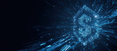 An artistic depiction showcases a glowing symbol at the center, surrounded by lines of light. The image features a dark background with bursts of blue light, creating an impression of movement. Suitable for projects related to technology, data, or digital transformation, it can be applied to web design, or editorial content.の素材