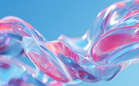 This image presents abstract flowing forms in shades of pink, blue, and transparent highlights. The design features smooth, curved lines and a glossy texture, suggesting a fluid or liquid-like substance. The composition is set against a gradient blue background, creating a sense of depth. This visual could be used in various commercial applications or editorial designs.の素材