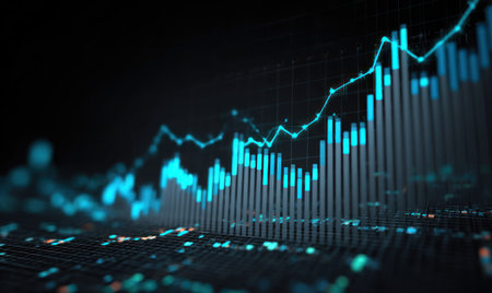 An abstract visualization depicts a financial trend analysis. The composition features a rising line graph and bar charts, rendered in shades of blue against a dark backdrop. The digital style suggests a technology context, potentially suitable for presentations about economics, investments, and business forecasts. The image could be used for illustrating financial reports and market trends.の素材