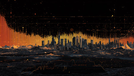 An artistic representation presents a city skyline under a dark night sky with an orange glow. The scene is stylized with a textured, almost pixelated appearance. The image incorporates light and shadow, suggesting an urban landscape. Suitable for conceptual illustrations or designs related to technology and design.の素材