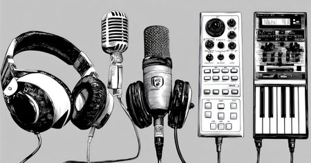 This black and white illustration showcases a collection of audio equipment, including headphones, several types of microphones, and control devices. The composition features a clean, grayscale palette with clear lines and textures. The image suggests a studio environment and is suitable for commercial uses.の素材