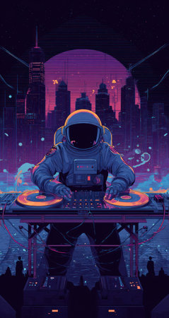 An astronaut wearing a spacesuit is depicted as a DJ, manipulating turntables in front of a futuristic cityscape. The digital illustration showcases a vibrant palette of purple and orange hues. The style is reminiscent of synthwave and cyberpunk aesthetics, with glowing elements suggesting a neon-lit environment. This artwork could be used for various design projects.の素材