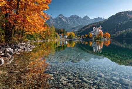 A picturesque autumn landscape showcases a tranquil lake reflecting a mountain range and a historic castle. The scene features trees with vibrant orange and yellow foliage. The composition and lighting create a serene atmosphere suitable for various visual projects and potential editorial applications.の素材