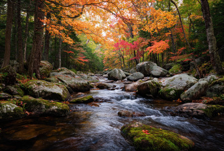 A tranquil stream carves its path through a forest ablaze with autumn colors. The image captures a landscape of varied textures, from the smooth flow of water to the rugged surfaces of rocks and the rich hues of falling leaves. Ideal for illustrating natural beauty and environmental themes, it has broad commercial appeal.の素材