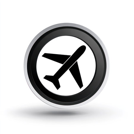 A minimalist airplane icon, rendered in black, is centered within a circular frame featuring a dark border and a subtle drop shadow. The graphic is set against a clean white background, providing strong contrast. Suitable for diverse design applications and commercial purposes, this image conveys aviation themes.の素材