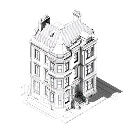 This architectural illustration depicts a three-story building, rendered in a detailed black and white style. The image features a complex facade, multiple windows, and a classic roofline. The perspective suggests an outdoor setting with a focus on structural elements. Suitable for use in design publications, or architectural presentations.の素材