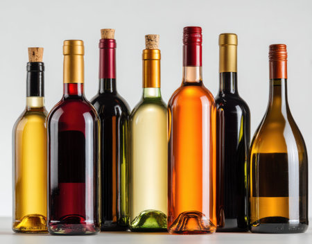 An assortment of wine bottles is presented against a neutral background. The bottles showcase varying hues of red, white, and amber liquids, with corks and golden bottle necks. The composition features side-lit arrangement with potentially useful for beverage marketing or editorial content.の素材
