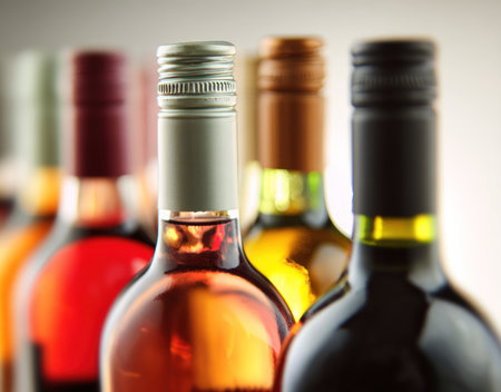 A close-up photograph features a collection of wine bottles, varying in color and design. The bottles, with their distinctive shapes and closures, are arranged in a row. The lighting highlights the different hues of the liquids and the materials of the bottles. This image could be suitable for promotional materials or editorial content related to beverages.の素材