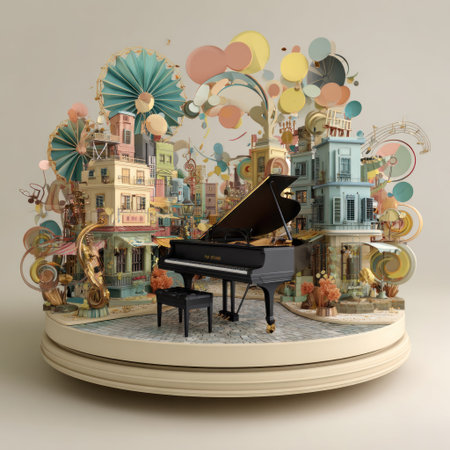 An artistic composition presents a grand piano at the center, surrounded by a whimsical cityscape. The scene showcases vibrant colors, intricate details, and a surreal style. It may be suitable for creative projects, editorial use, or for illustrating concepts related to music, art, and performance.の素材