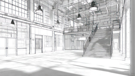 This architectural sketch depicts an expansive industrial interior, featuring a prominent staircase, numerous windows, and overhead lighting. The composition showcases a linear perspective with detailed line work in shades of grey. It hints at a large, open space suitable for commercial or creative applications. The drawing evokes a sense of scale and potential for various uses.の素材