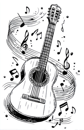 This black and white illustration showcases an acoustic guitar with musical notes and lines surrounding it. The image features detailed linework, creating a textured effect. The composition is set against a plain white background, highlighting the central subject. It is suitable for diverse commercial applications including educational materials and design projects.の素材