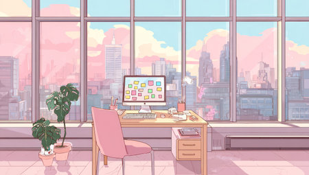 An anime-inspired illustration depicts a workspace with a desk and computer, featuring pastel colors and soft lighting. The scene includes a large window offering a view of a city skyline. This art style is suitable for designs, illustrations, and backgrounds, potentially for commercial and editorial purposes.の素材