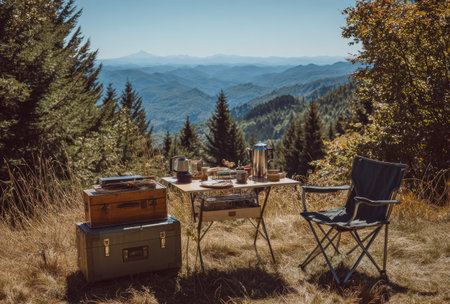 An outdoor camping scene showcases a table laden with supplies near a folding chair. The composition features a natural setting, highlighted by sunlight. Suitable for illustrating leisure activities, the image may be used for various commercial or editorial applications, offering a scenic background.の素材