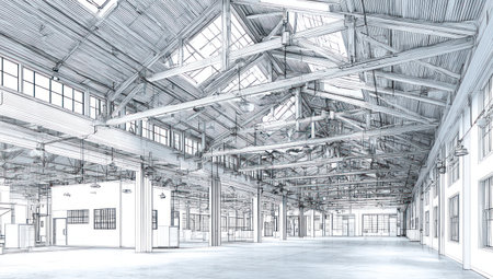 An architectural sketch depicts a spacious warehouse interior defined by strong structural elements. The monochromatic composition features overhead skylights, steel beams, and a concrete floor. The lighting suggests an open, expansive indoor environment. Suitable for commercial projects or editorial use focusing on design or industrial themes.の素材