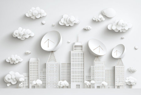 An abstract cityscape is rendered in white paper, featuring buildings, cloud cutouts, and satellite dishes. The composition utilizes a clean, minimalist design with a focus on depth and shadow. The overall style suggests a modern and creative approach with potential applications for technology, communication, and design projects.の素材