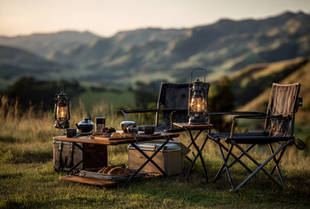 An outdoor camping scene showcases a table setting with lanterns, chairs, and food. The composition highlights wooden elements and soft lighting. The scene suggests a relaxed atmosphere in a natural setting, ideal for commercial or editorial applications related to leisure and travel.の素材